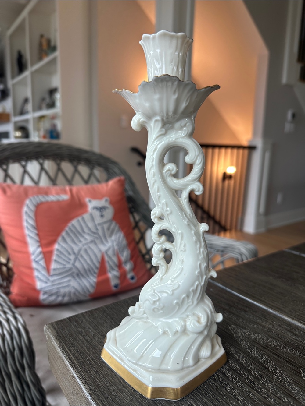Lenox porcelain dolphin Ornate White Ceramic Candle with 24K gold trim